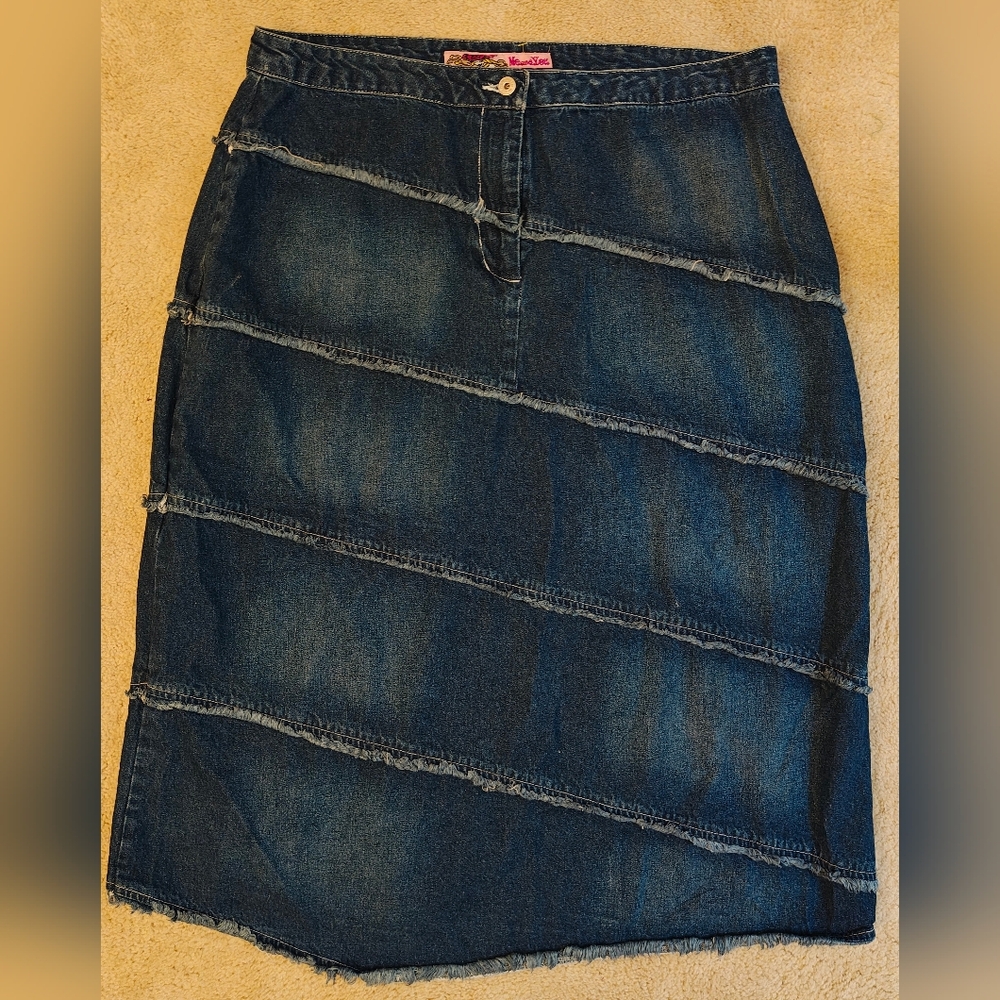 Y2K Plus Size Me & You Asymmetrical Exposed Raw Seams Denim Skirt.
